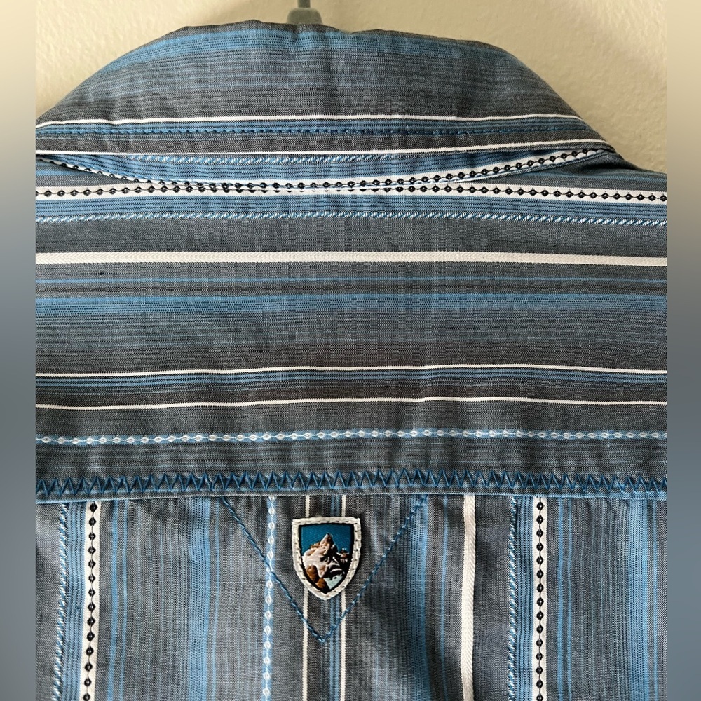 Kuhl Suncel Blue Striped Button Down Cotton Blend Shirt Mens Medium Short Sleeve - Picture 6 of 15